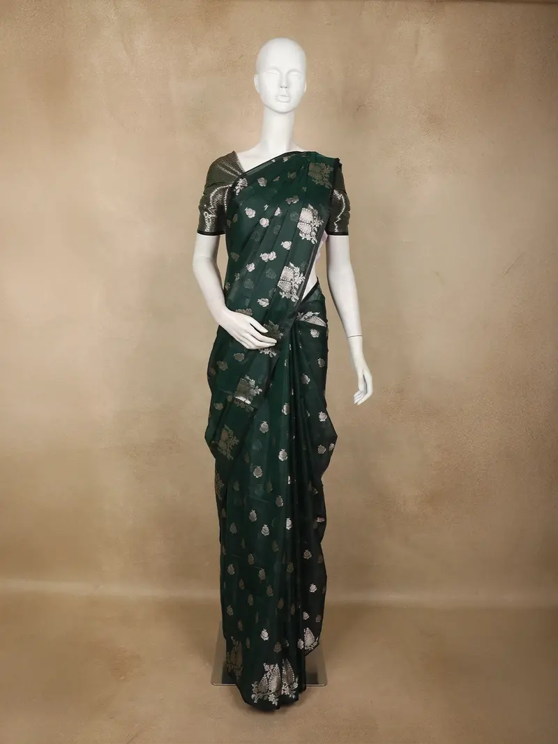 Bottle Green Floral Butta Woven Design Soft Tissue Saree 1