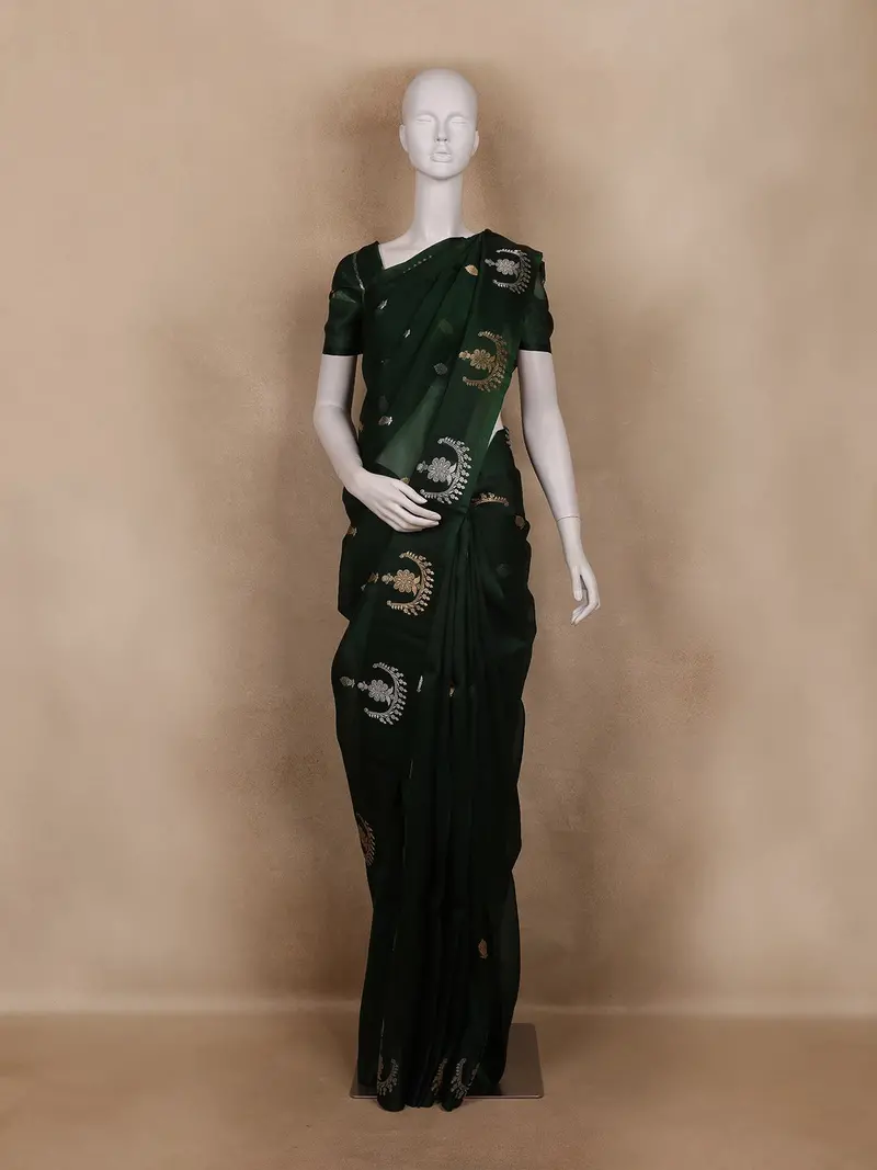 Bottle Green  Floral Butta  Woven Katan Banarasi Saree 1