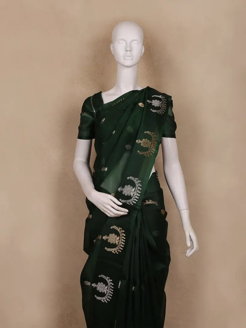 Bottle Green Floral Butta Woven Katan Banarasi Saree 2