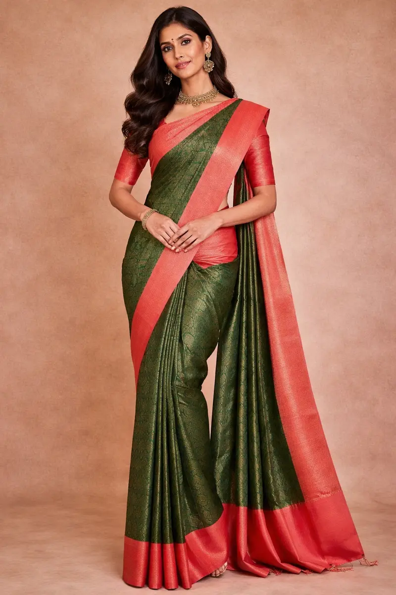 Bottle Green Floral Checks Woven Pure Kanchipuram Silk Saree 1