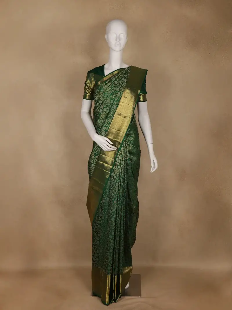Bottle Green Floral Design Pure Kanchipuram Silk Saree With Zari Border 1