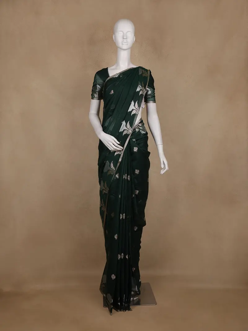 Bottle Green Floral Design Semi Banarasi Silk Saree 1