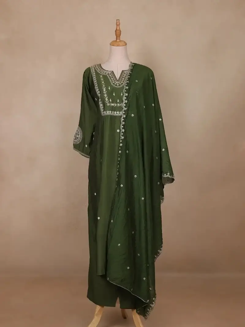 Bottle Green Floral Design Silk Cotton Salwar Suit 1