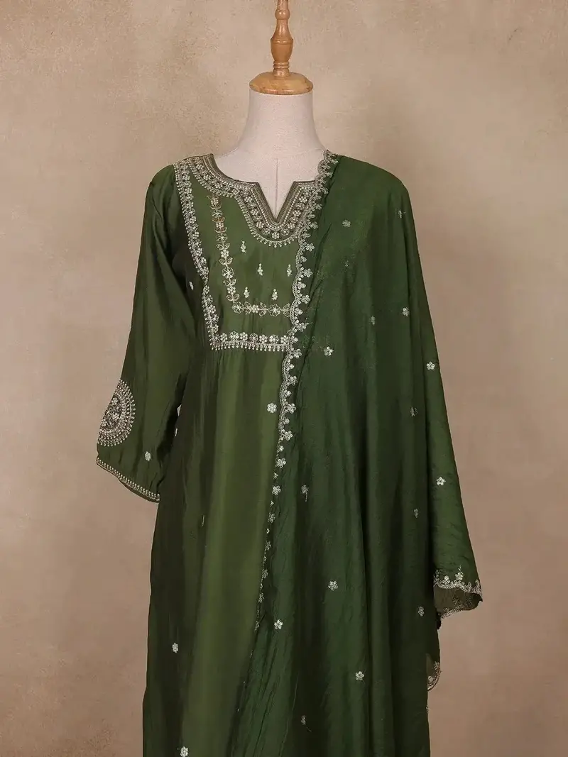 Bottle Green Floral Design Silk Cotton Salwar Suit 2