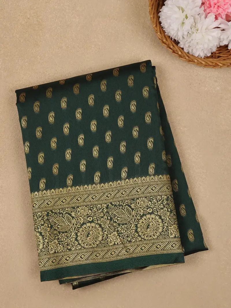 Bottle Green Floral Design Silk Saree 1