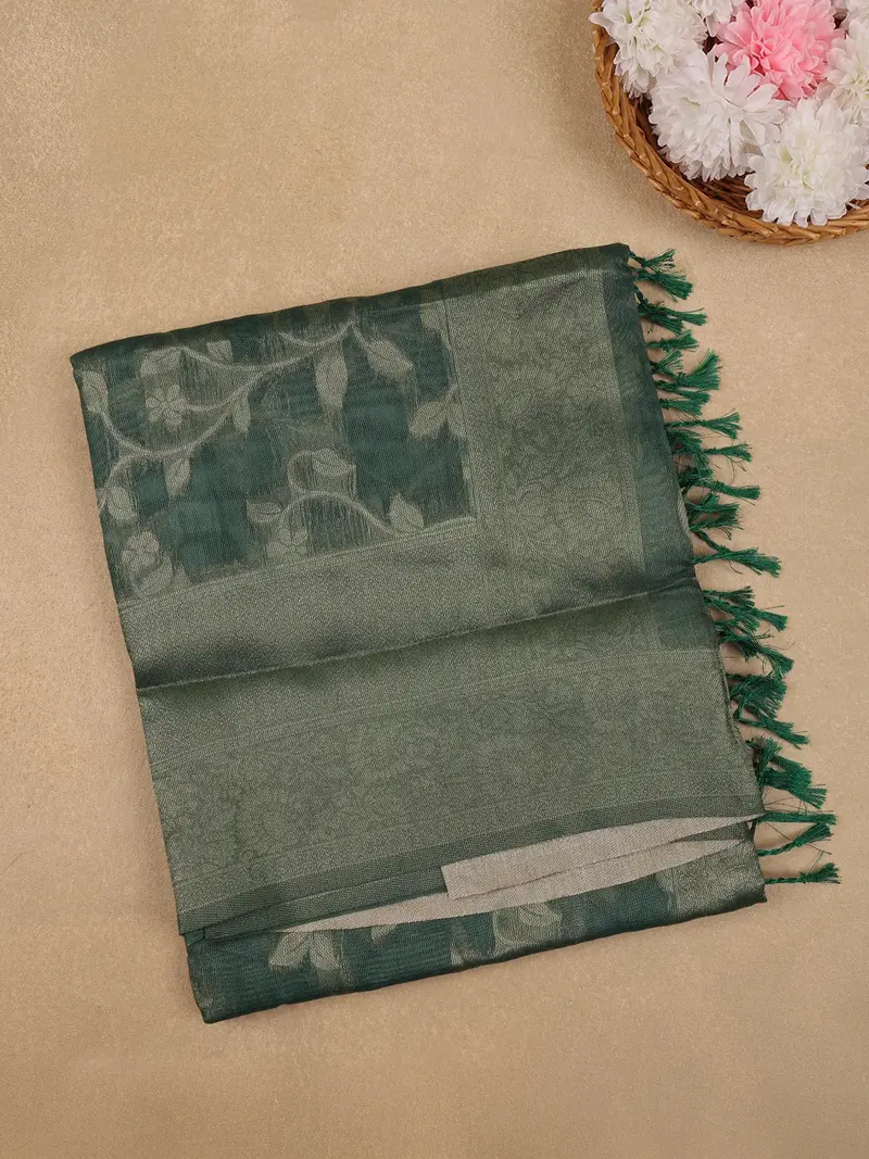 Bottle Green Floral Design Tissue Silk Saree 1