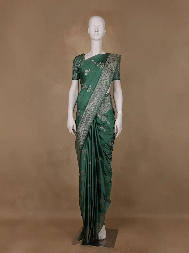 Bottle Green Floral Design Tussar Silk Saree 1