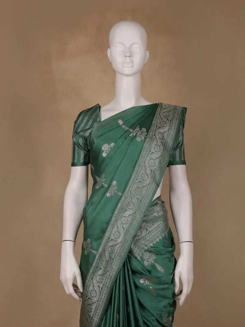 Bottle Green Floral Design Tussar Silk Saree 2
