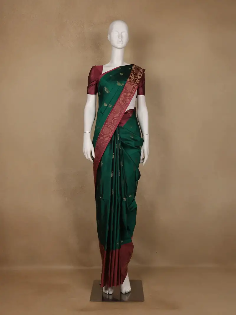 Bottle Green Floral Design Woven Soft Silk Saree 1