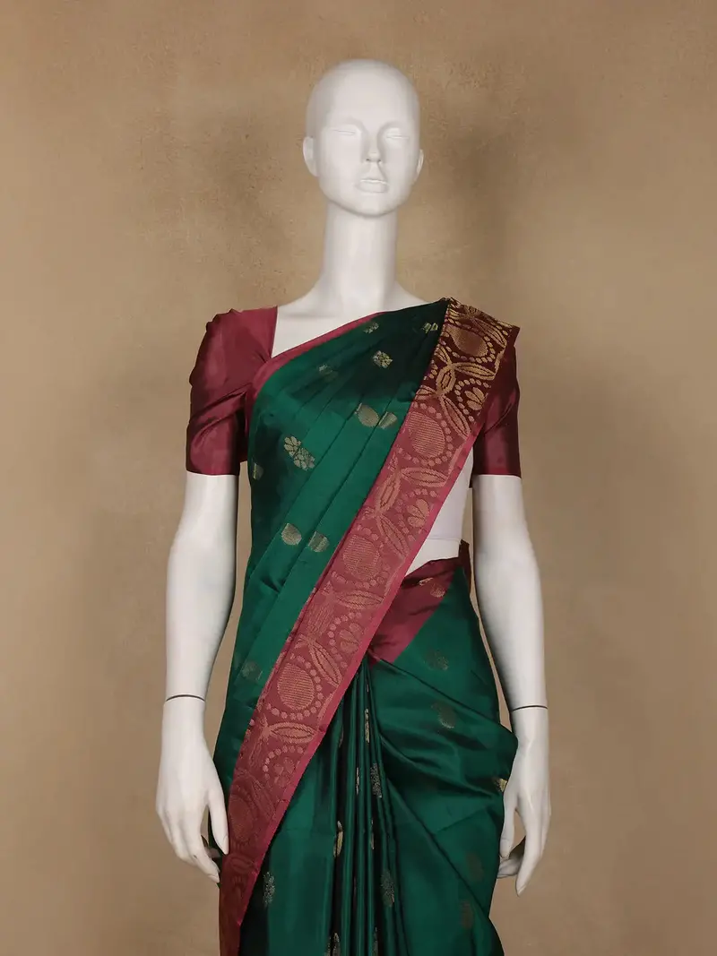 Bottle Green Floral Design Woven Soft Silk Saree 2