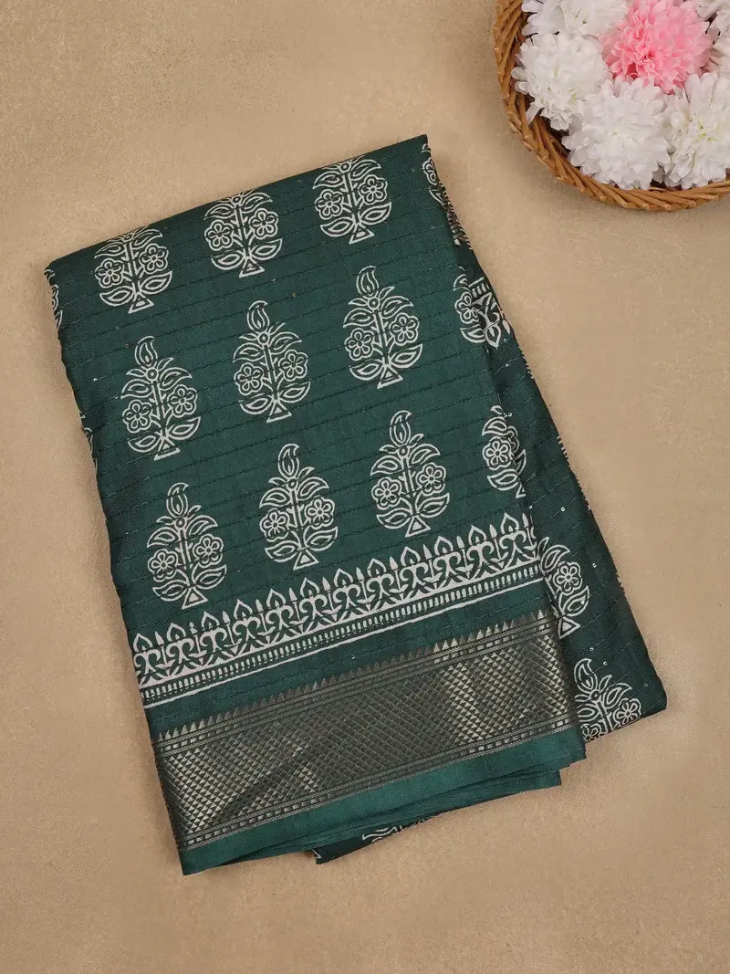Bottle Green Floral Designed Cotton Saree 1