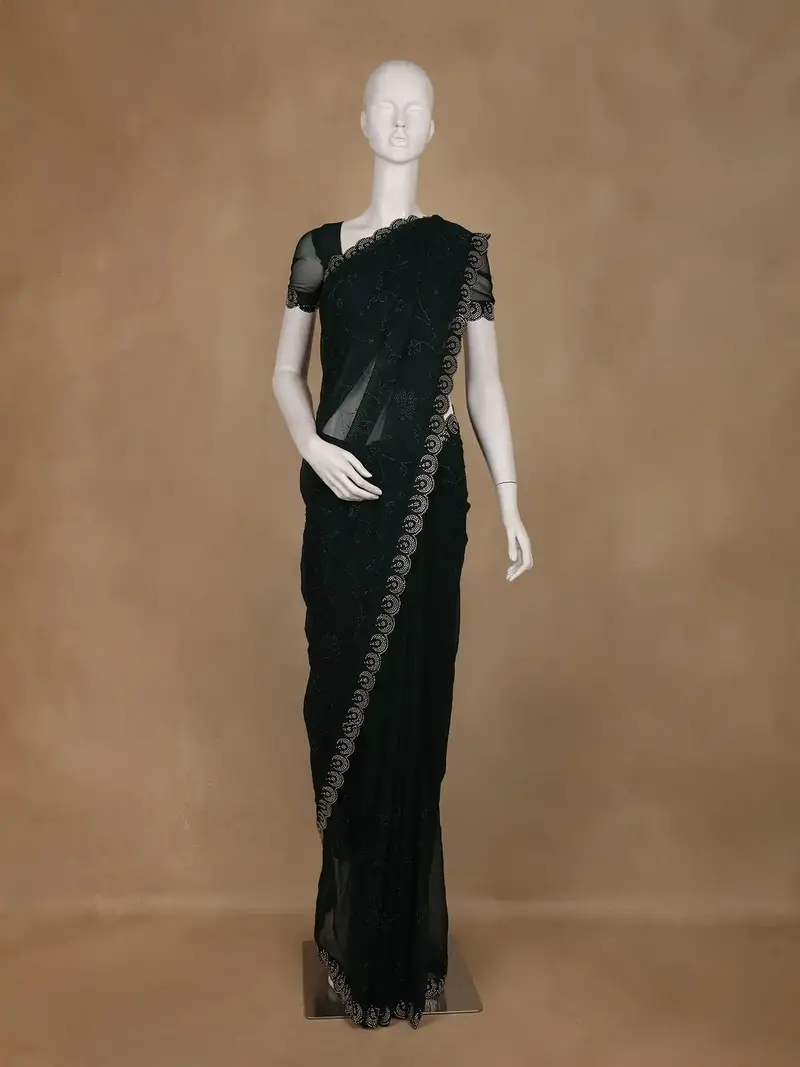 Bottle Green Floral Designed Georgette Saree With Stone Work Border 1