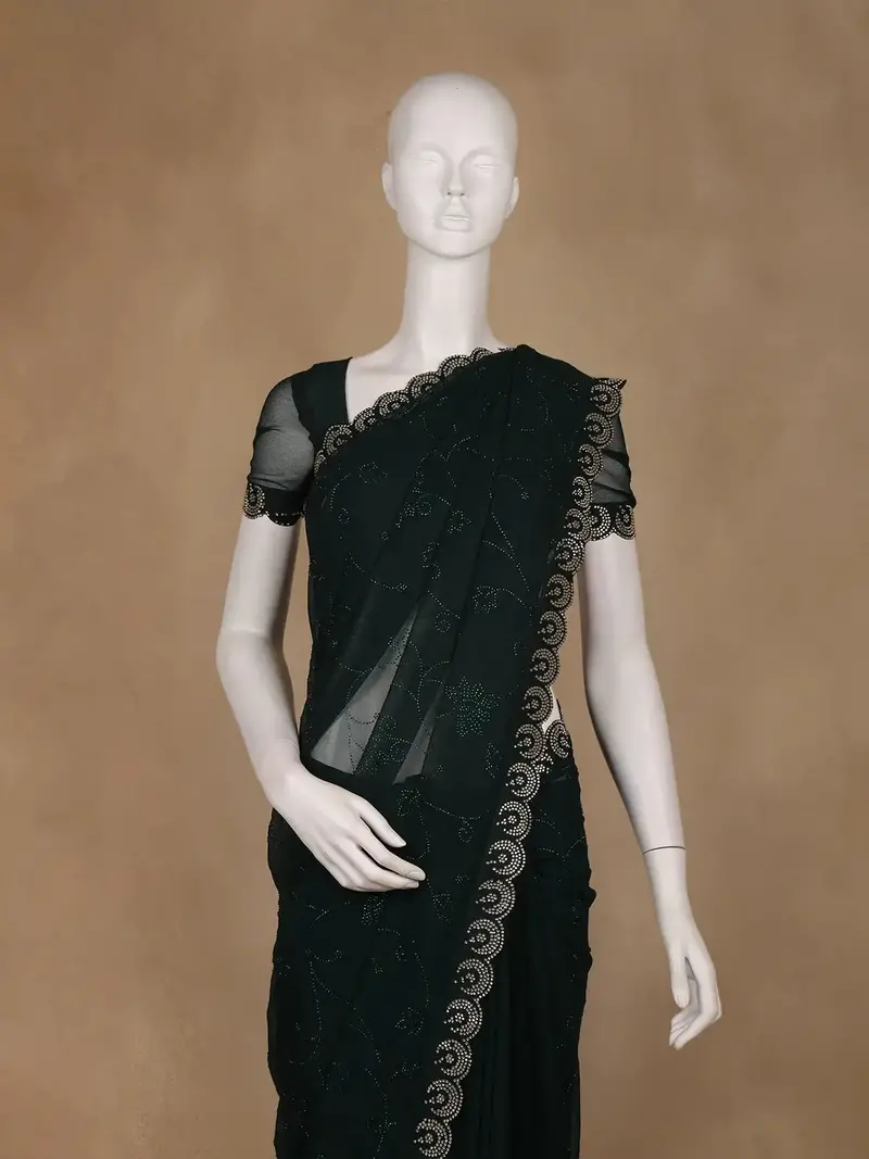 Bottle Green Floral Designed Georgette Saree With Stone Work Border 2