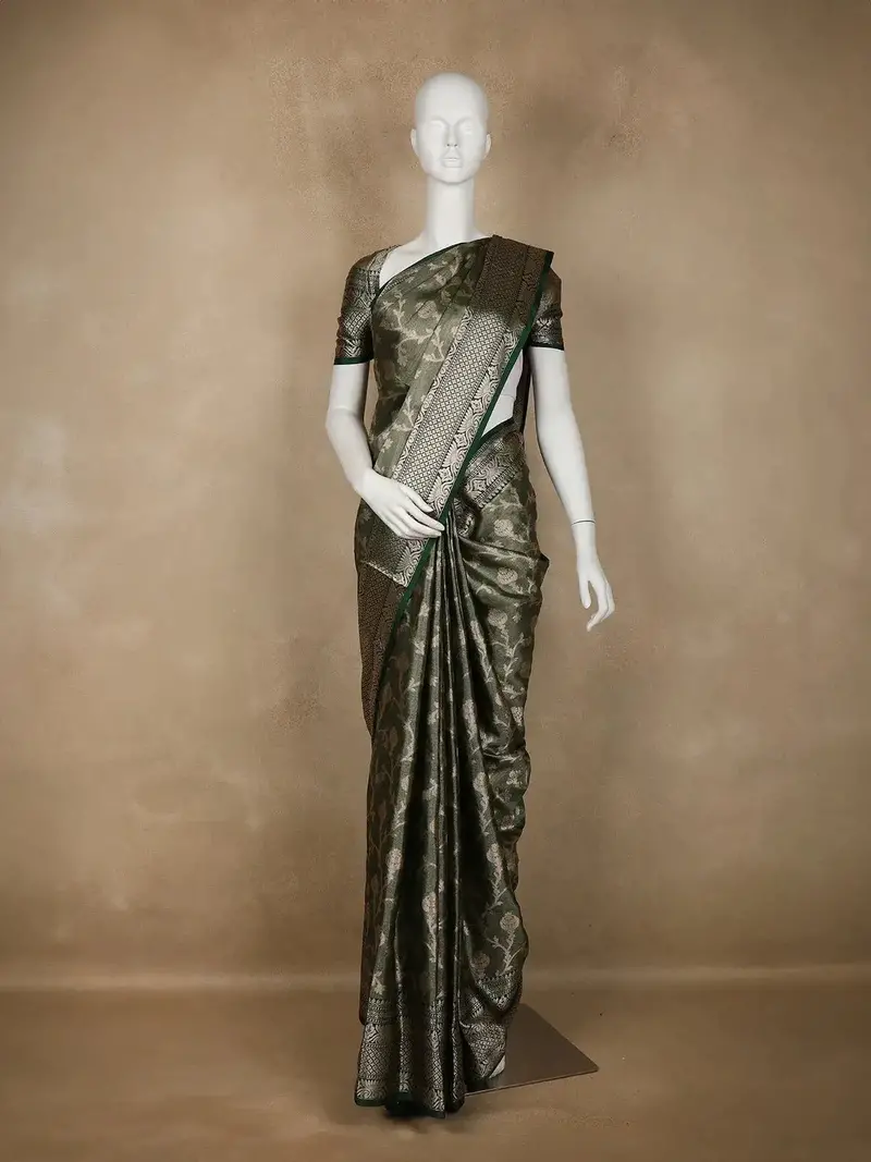 Bottle Green Floral Designed Semi Silk Fancy Saree 1