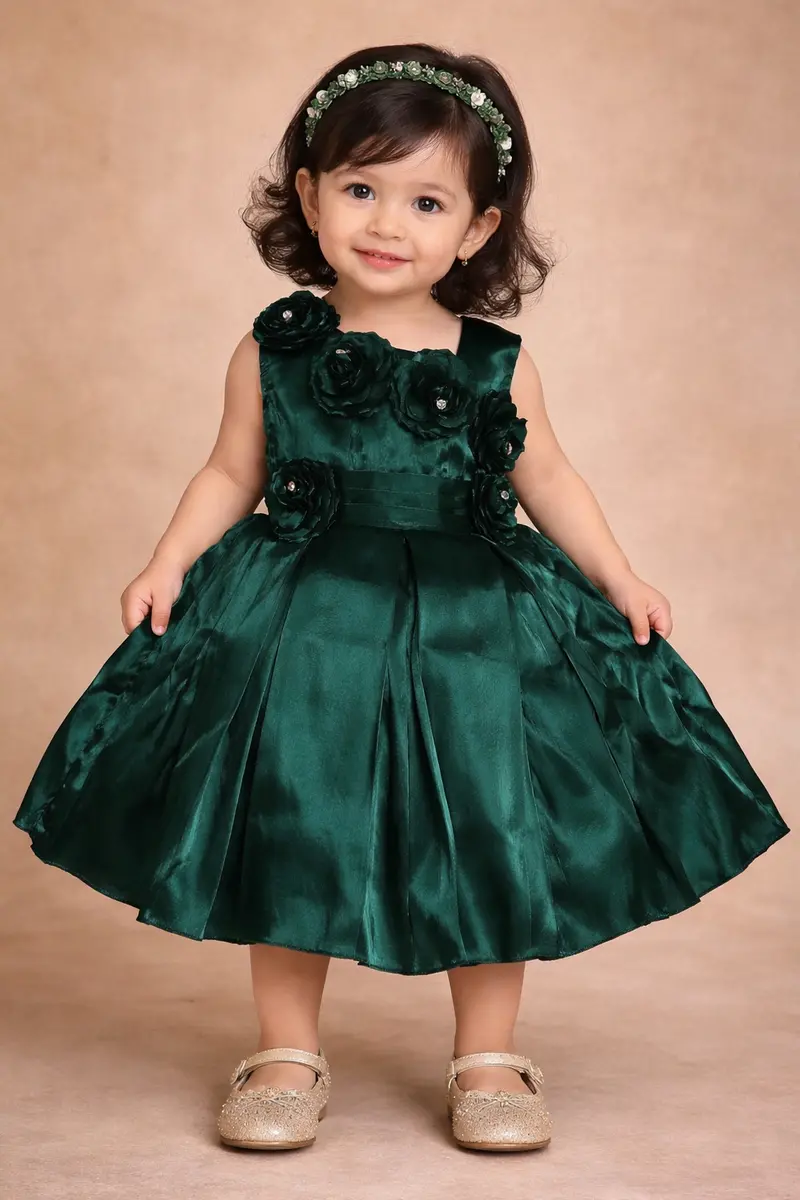 Bottle Green Floral Embellished Design Satin Party Wear Kids Frock 1