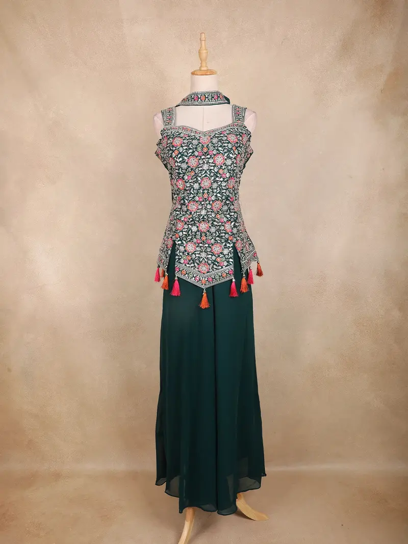 Bottle Green Floral Embroidered Design Chiffon Palazzo Suit With Dupatta 1
