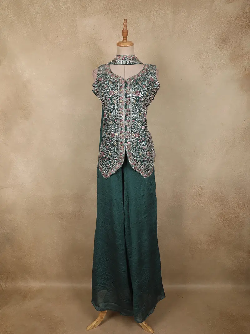 Bottle Green Floral Embroidered Design Chiffon Palazzo Suit With Dupatta 1