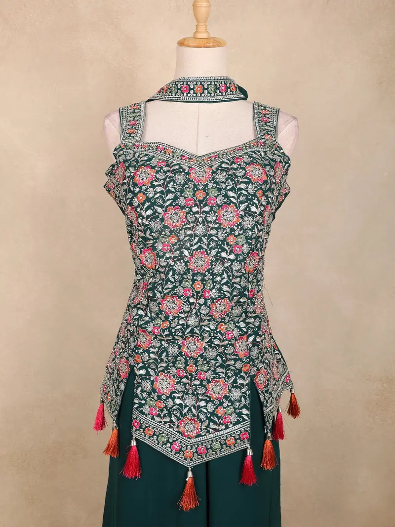 Bottle Green Floral Embroidered Design Chiffon Palazzo Suit With Dupatta 2