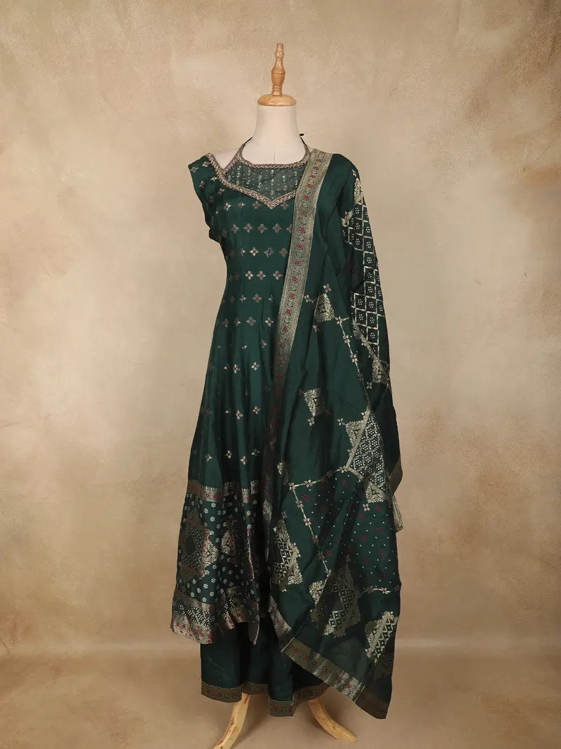 Bottle Green Floral Embroidered Design Silk Palazzo Suit With Designer Dupatta 1
