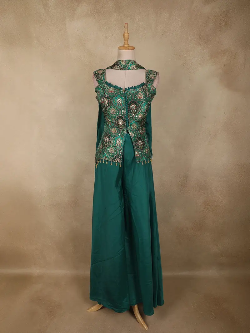 Bottle Green Floral Embroidered Design Silk Palazzo Suit With Dupatta 1