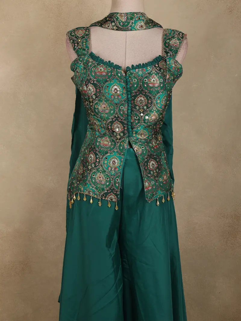 Bottle Green Floral Embroidered Design Silk Palazzo Suit With Dupatta 2