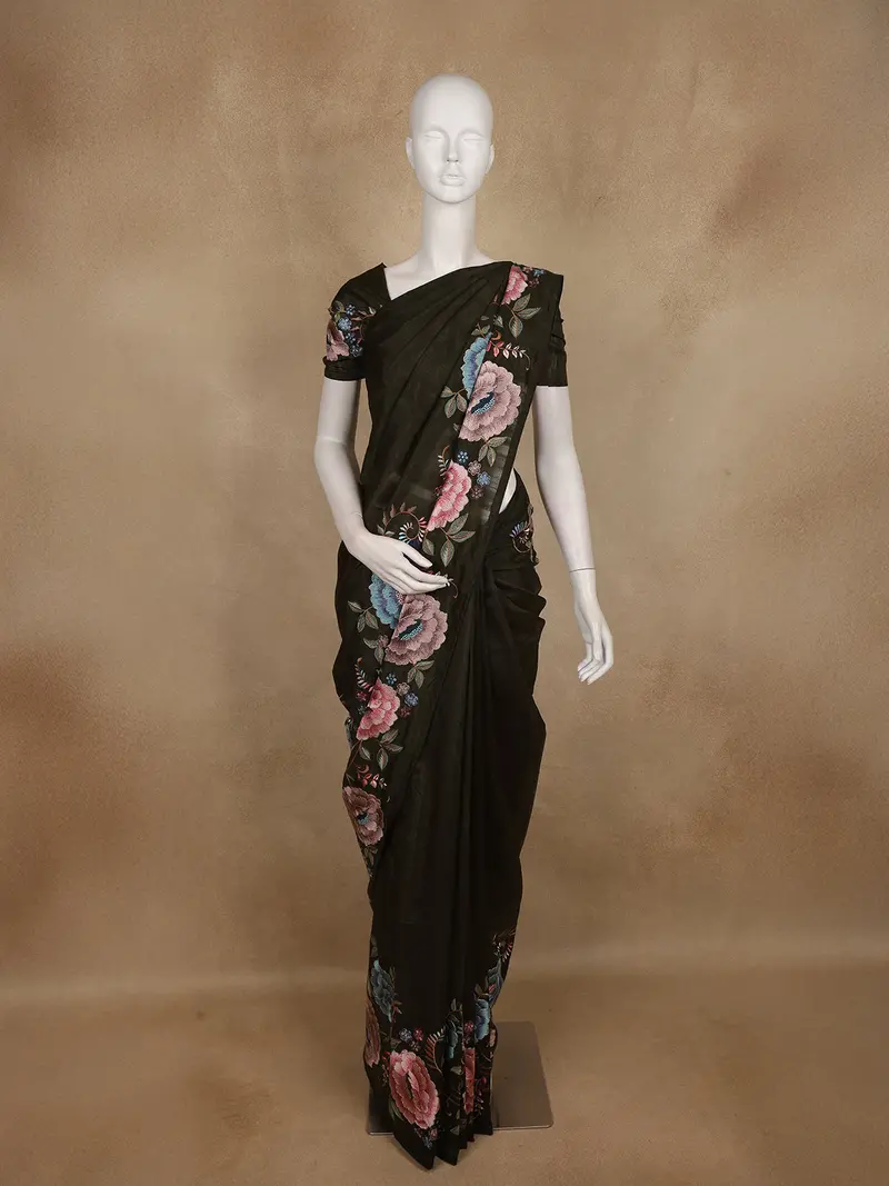 Bottle Green Floral Embroidered Design Tussar Saree 1
