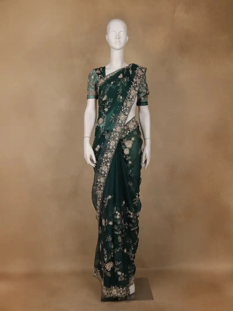 Bottle Green Floral Embroidered Net Saree 1