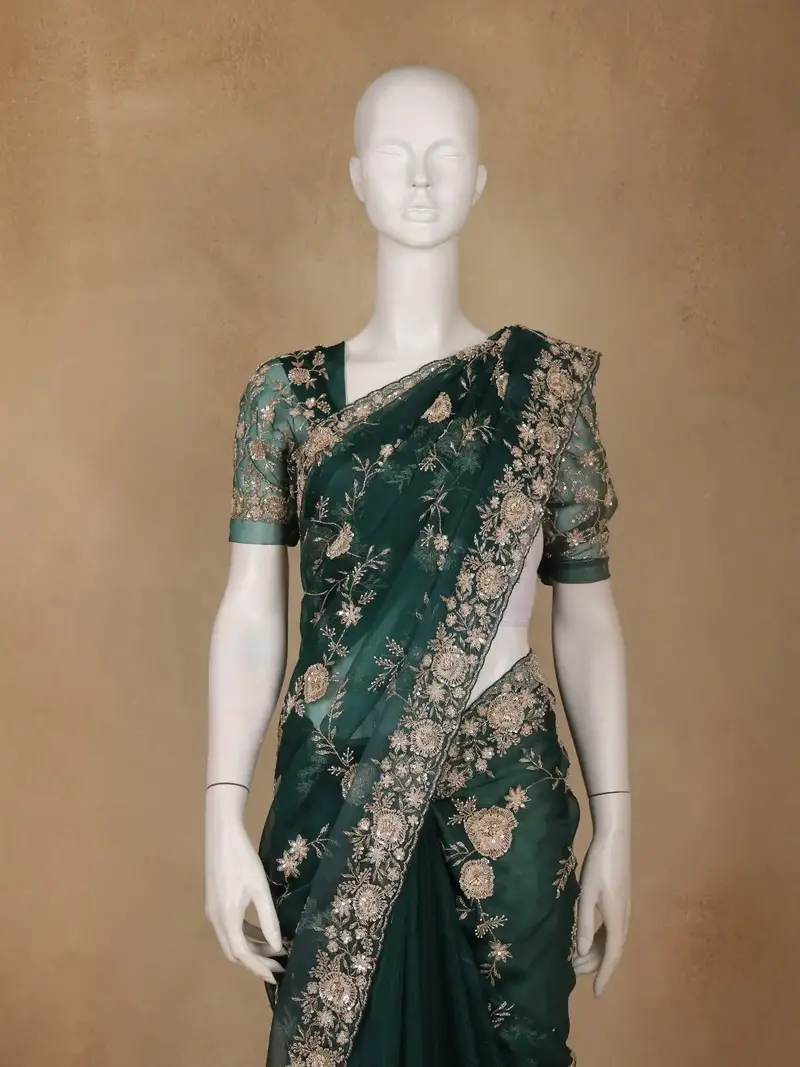 Bottle Green Floral Embroidered Net Saree 2