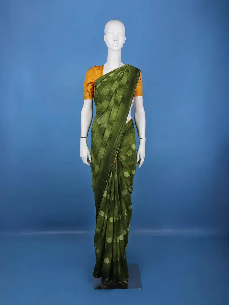 Bottle Green Floral Print Chiffon Saree 1