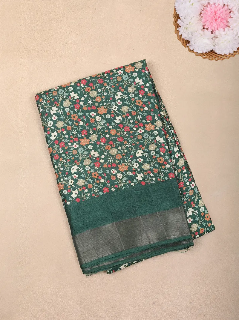 Bottle Green Floral Printed Chanderi Cotton Saree With Contrast Border 1