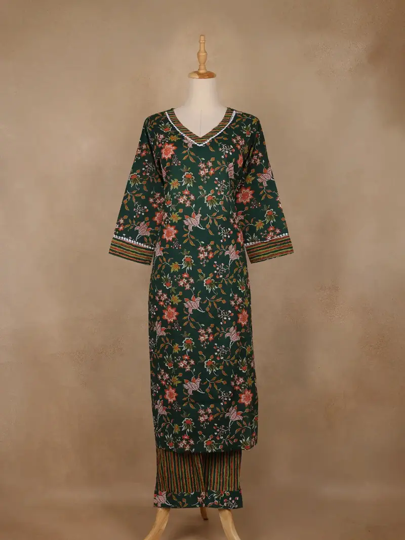 Bottle Green Floral Printed Cotton Salwar Suit 1