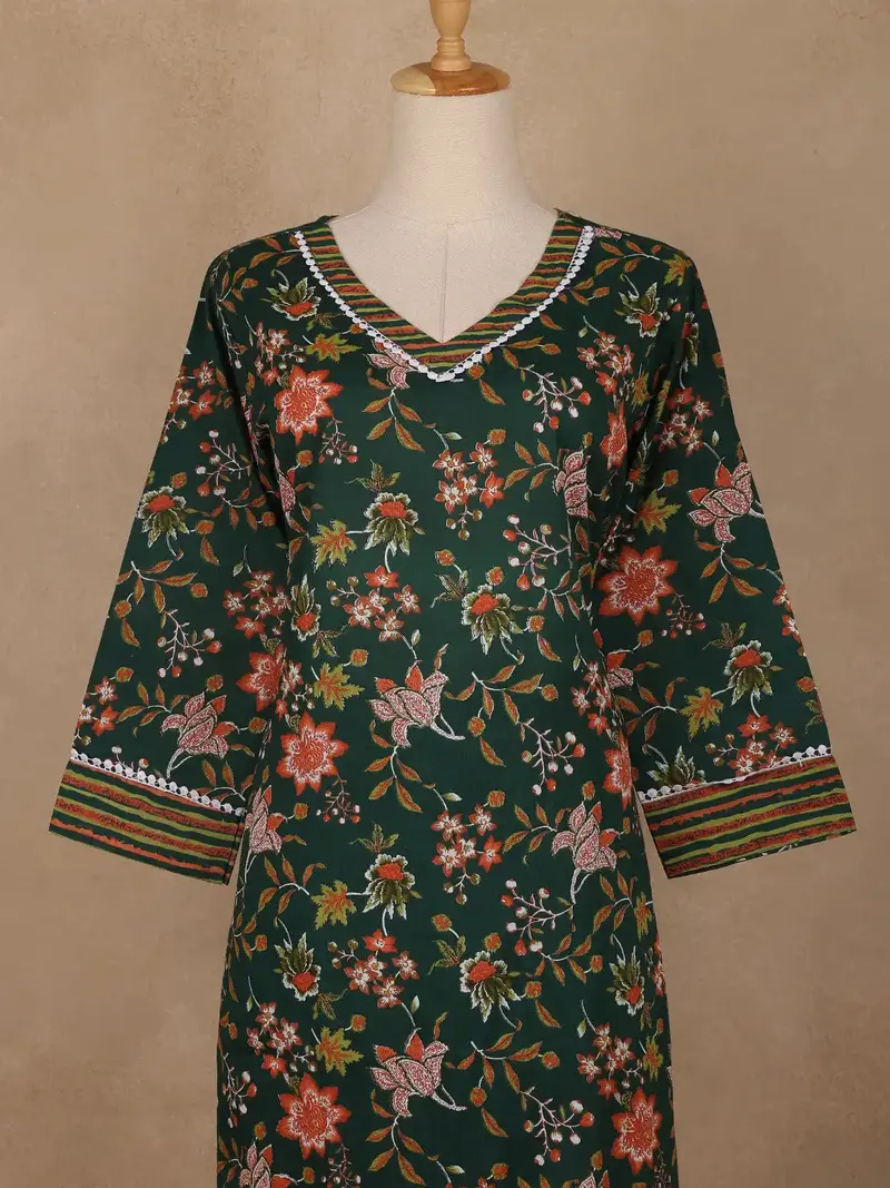 Bottle Green Floral Printed Cotton Salwar Suit 2