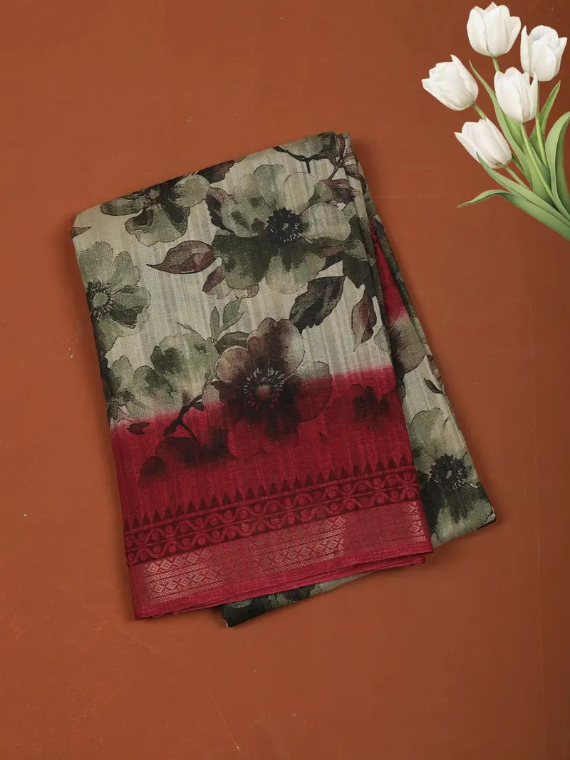 Bottle Green Floral Printed Design Chiffon Casual Saree With Zari Border 1
