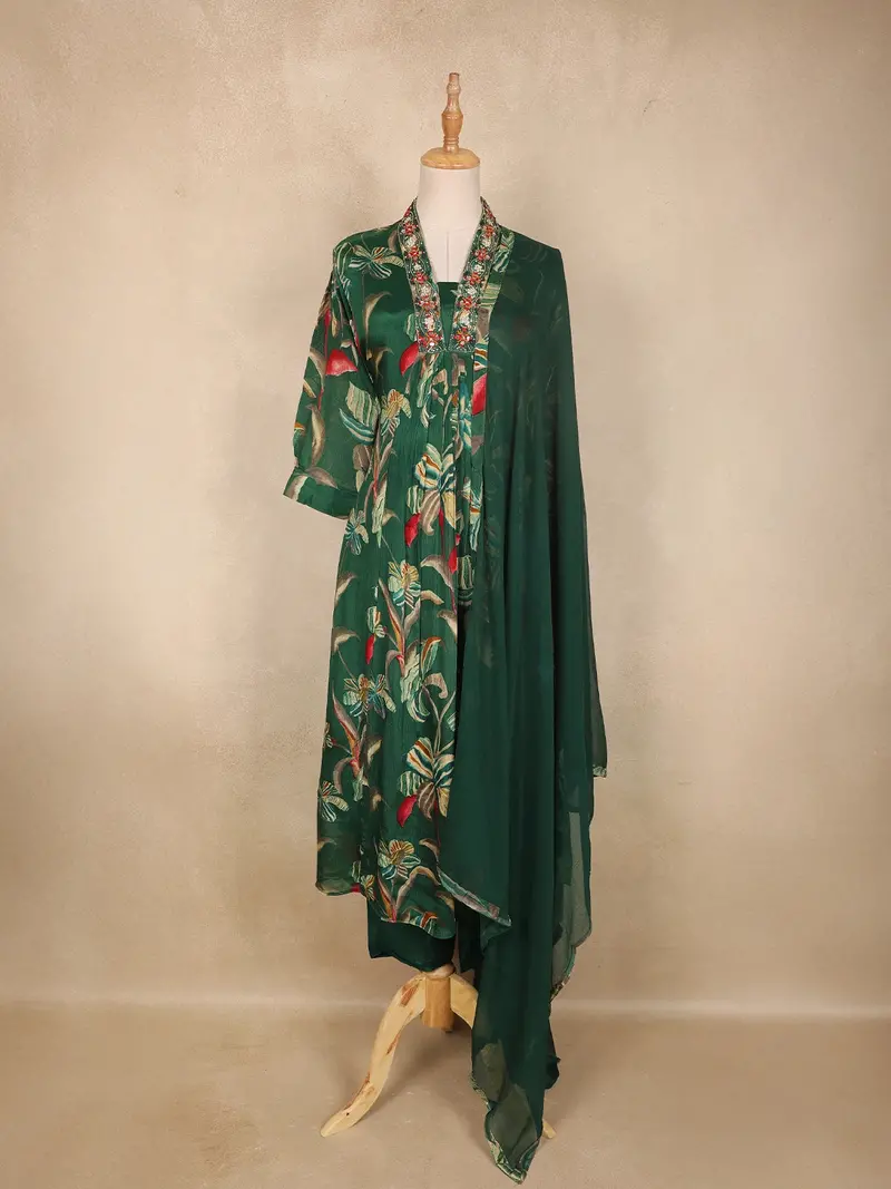 Bottle Green Floral Printed Design Chiffon Silk Anarkali Salwar Suit With Dupatta 1