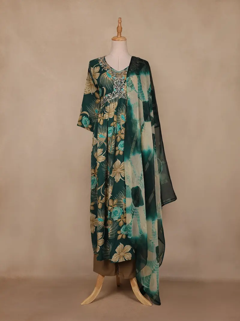 Bottle Green Floral Printed Design Cotton Salwar Suit 1