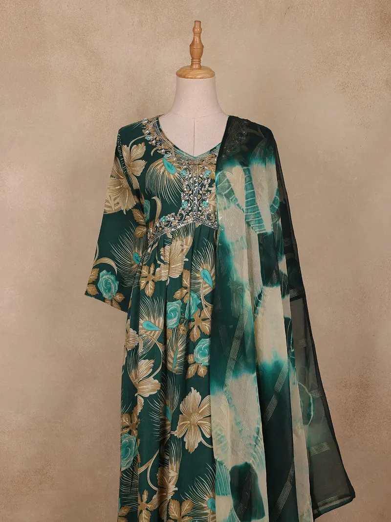 Bottle Green Floral Printed Design Cotton Salwar Suit 2