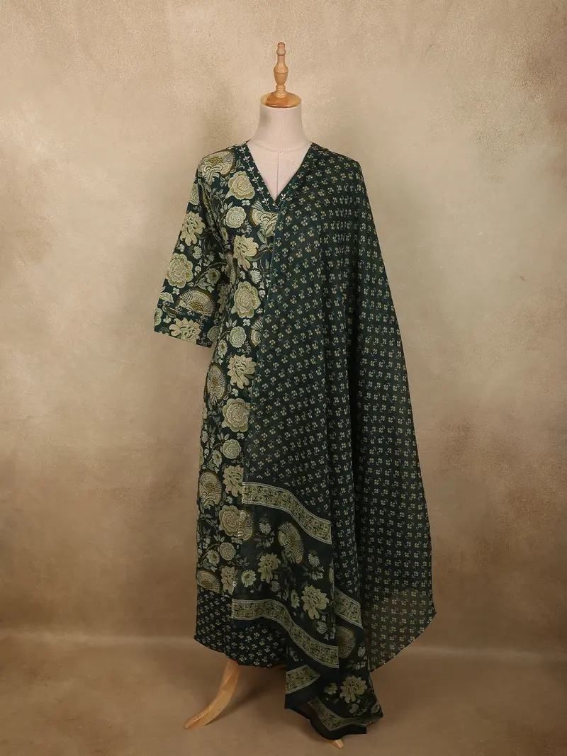 Bottle Green Floral Printed Design Cotton Salwar Suit With Dupatta 1