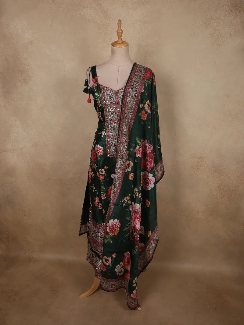 Bottle Green Floral Printed Design Crepe Palazzo Suit With Dupatta 1