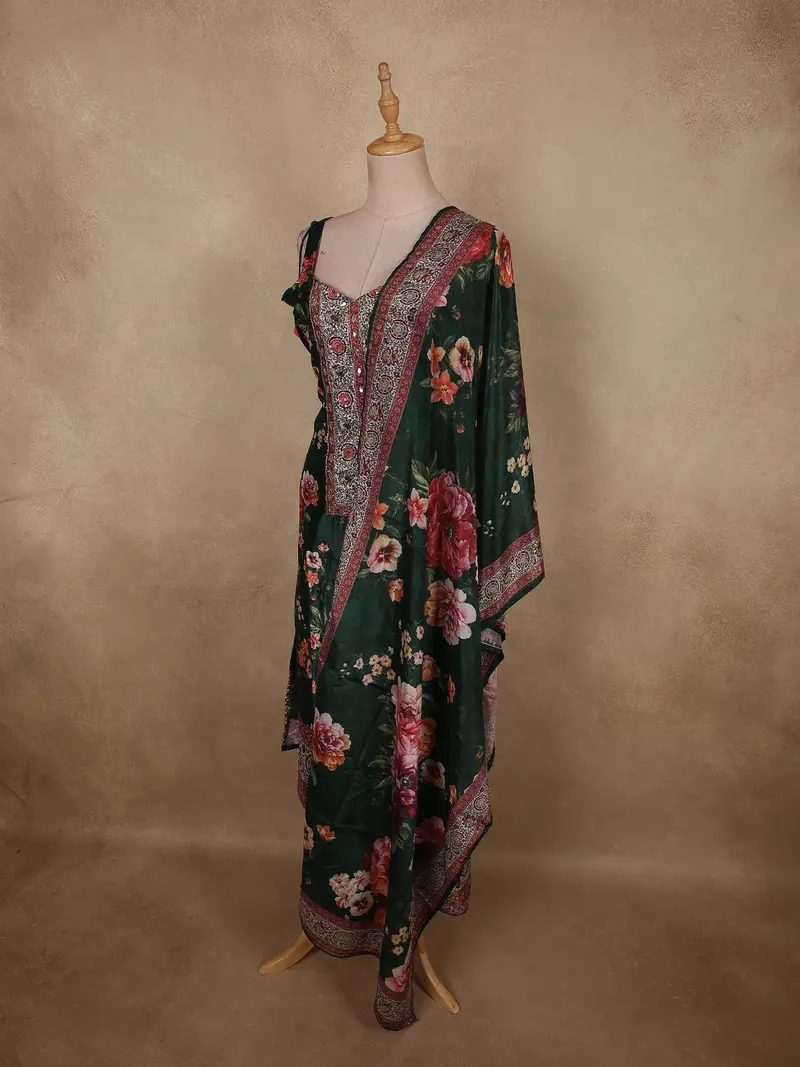 Bottle Green Floral Printed Design Crepe Palazzo Suit With Dupatta 3