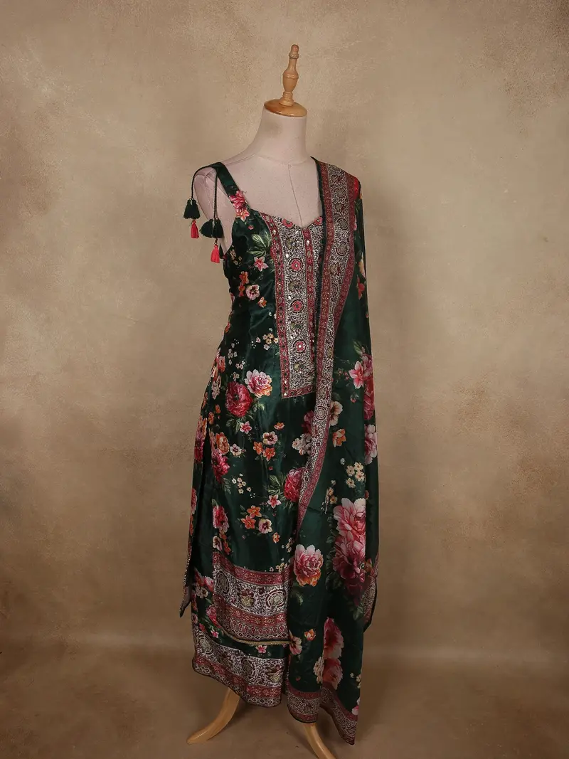 Bottle Green Floral Printed Design Crepe Palazzo Suit With Dupatta 4