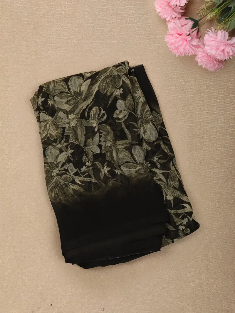 Bottle Green Floral Printed Design Georgette Casual Wear Saree 1