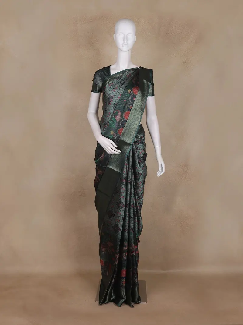 Bottle Green Floral Printed Design Mixed Cotton Fancy Saree With Zari Border 1