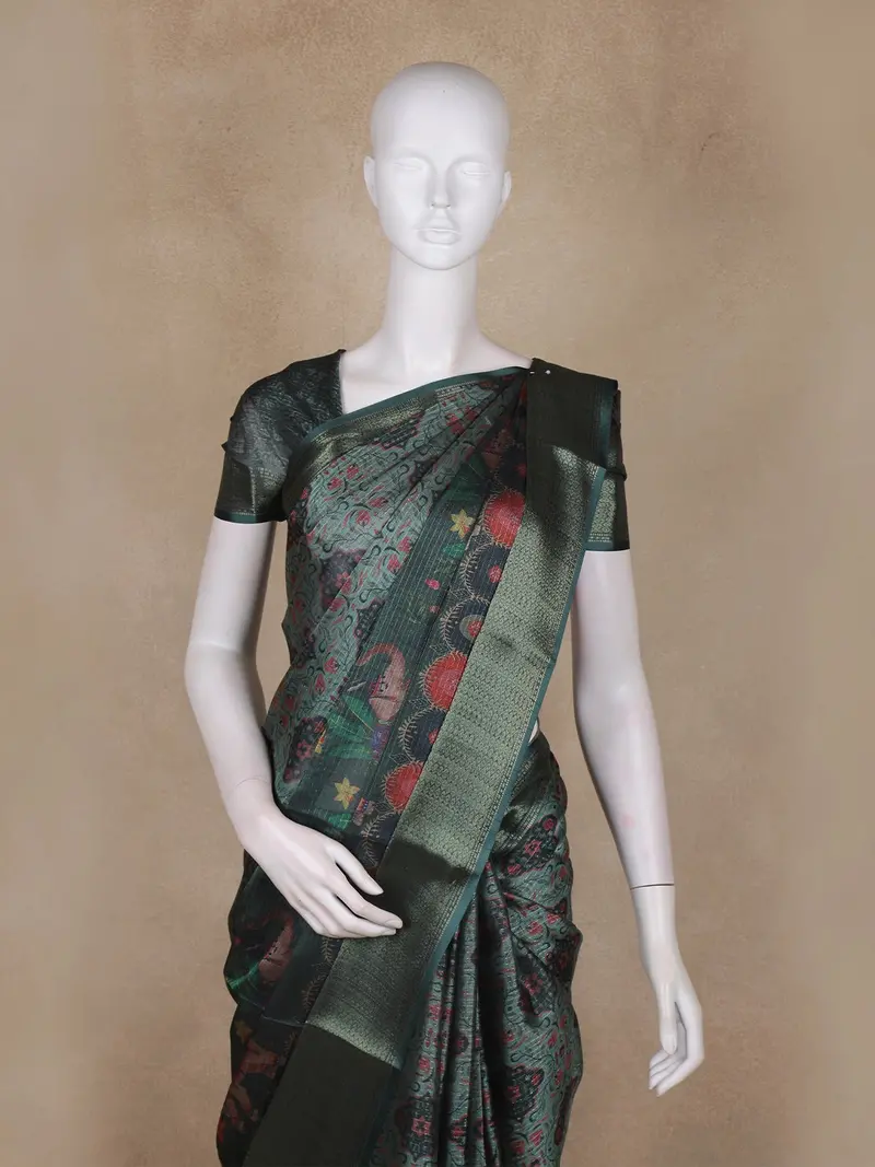 Bottle Green Floral Printed Design Mixed Cotton Fancy Saree With Zari Border 2