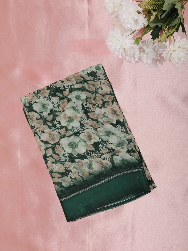 Bottle Green Floral Printed Design Mixed Cotton Saree 1
