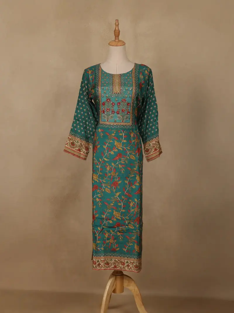 Bottle Green Floral Printed Rayon Kurti 1