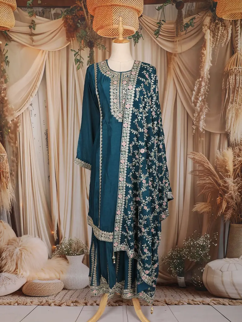 Bottle Green Floral Thread And Sequins Embroidered Silk Palazzo Suit 1