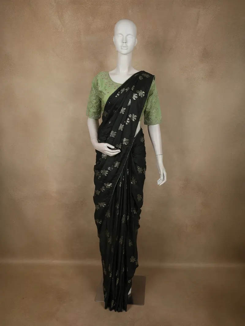 Bottle Green Floral Thread Embroidered Design Semi Tussar Saree With Contrast Blouse 1