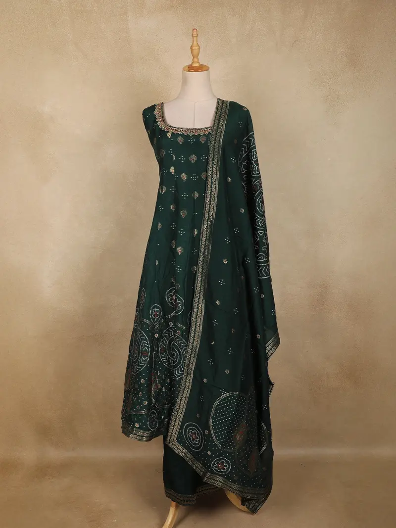 Bottle Green Floral Woven Banarasi Silk Palazzo Suit With Dupatta 1