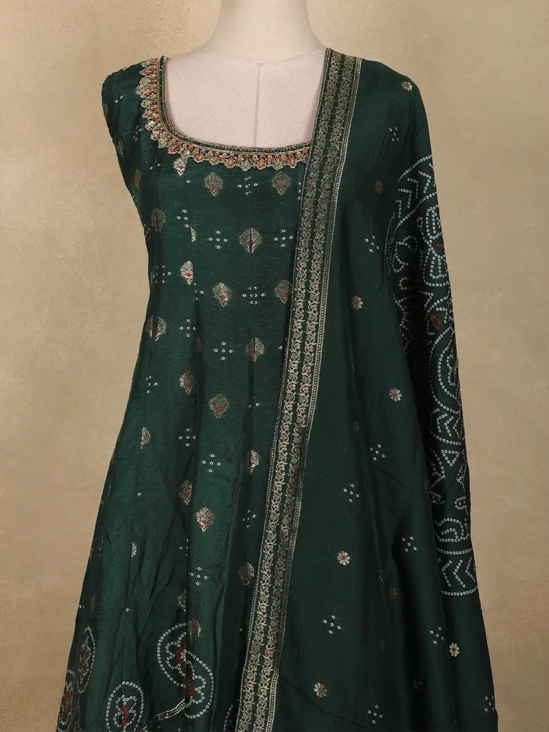 Bottle Green Floral Woven Banarasi Silk Palazzo Suit With Dupatta 2