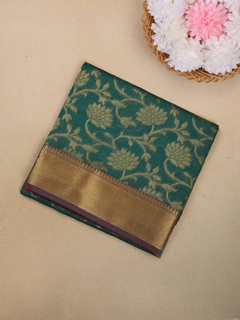 Bottle Green Floral Woven Design Silk Cotton Saree With Contrast Border 1